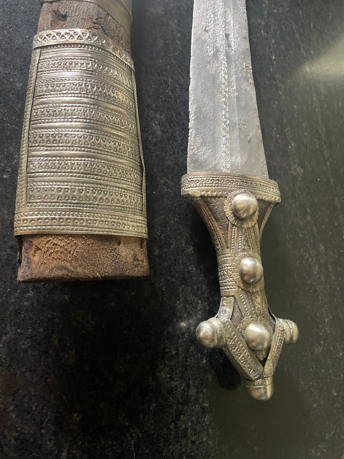 Antique Arabian Jambiya Dagger – Silver-Brass – Worn Scabbard – As is.