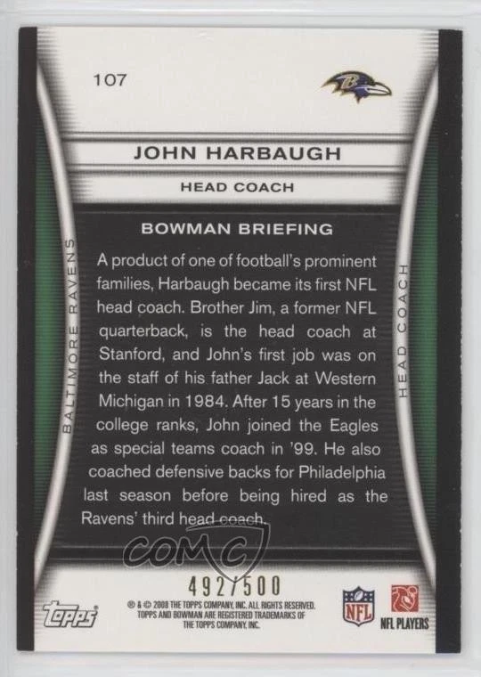 2008 Bowman Blue /500 John Harbaugh #107 Rookie RC - Image 2 of 2