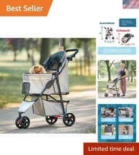 Lightweight Khaki Pet Stroller with Adjustable Canopy, Cup Holder & Brake System