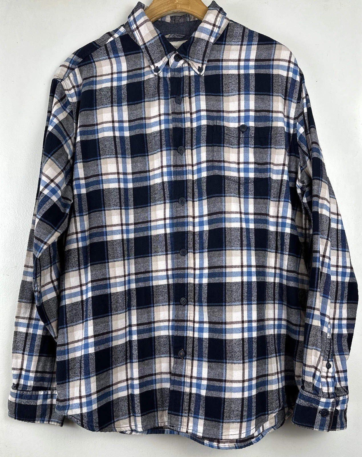Weatherproof Vintage Men’s Flannel Shirt Large Long Sleeve Plaid Blue Gray Beige