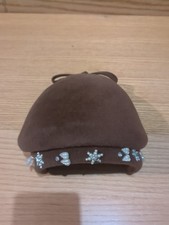 Vintage Brown Felt Ladies Hat With White Beaded Front And Bow Detail On Back