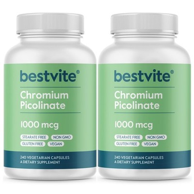 BESTVITE Chromium Picolinate 1000mcg 480 Vegetarian Capsules 240 x 2  No Stea...