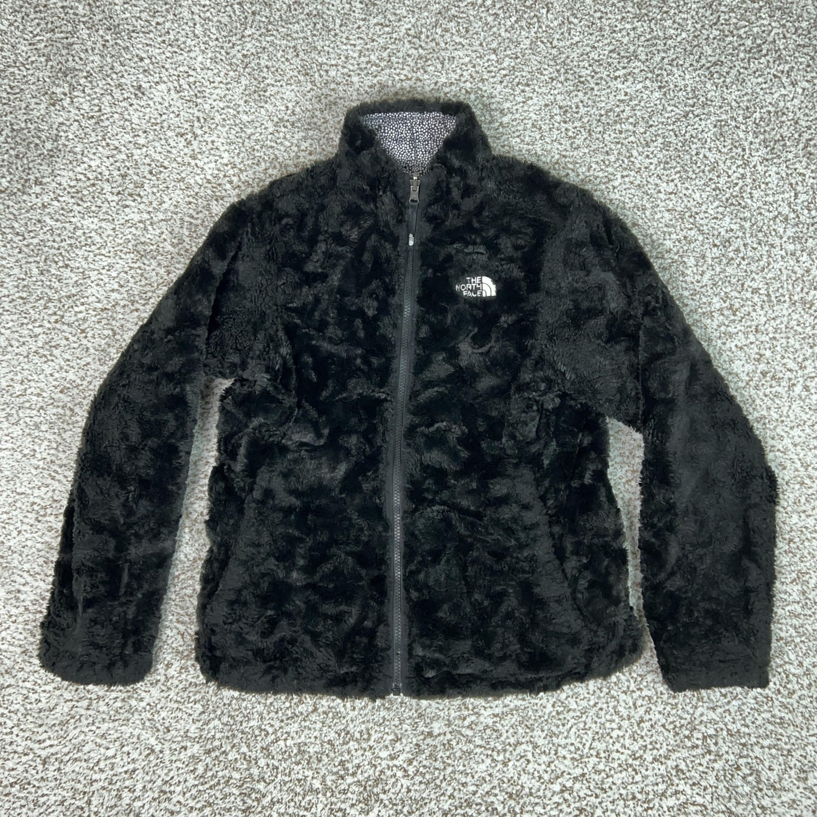 The North Face Jacket Girls Large Black Reversible Fleece Puffer Mossbud Swirl