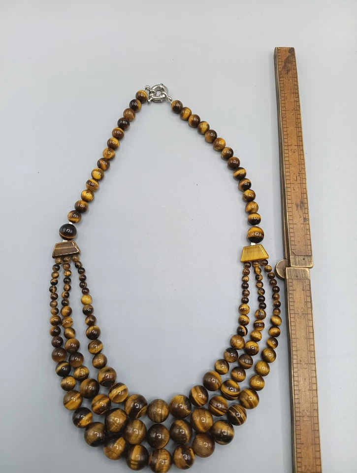 Collar en capas de cuentas redondas de piedras preciosas de 4-12 mm ojo de tigre natural de 3 filas 18-20"" Foto 3 de 4