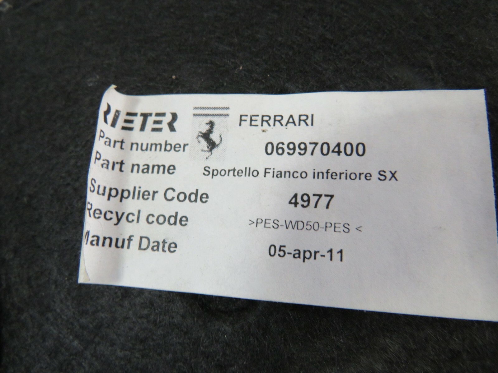Ferrari California, LH, Left, Trunk Carpet Access Cover, Used, P/N 69970400