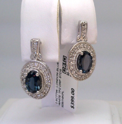 $399 Natural London Blue Topaz & White Topaz Drop Earrings 925 SS/14K Plated