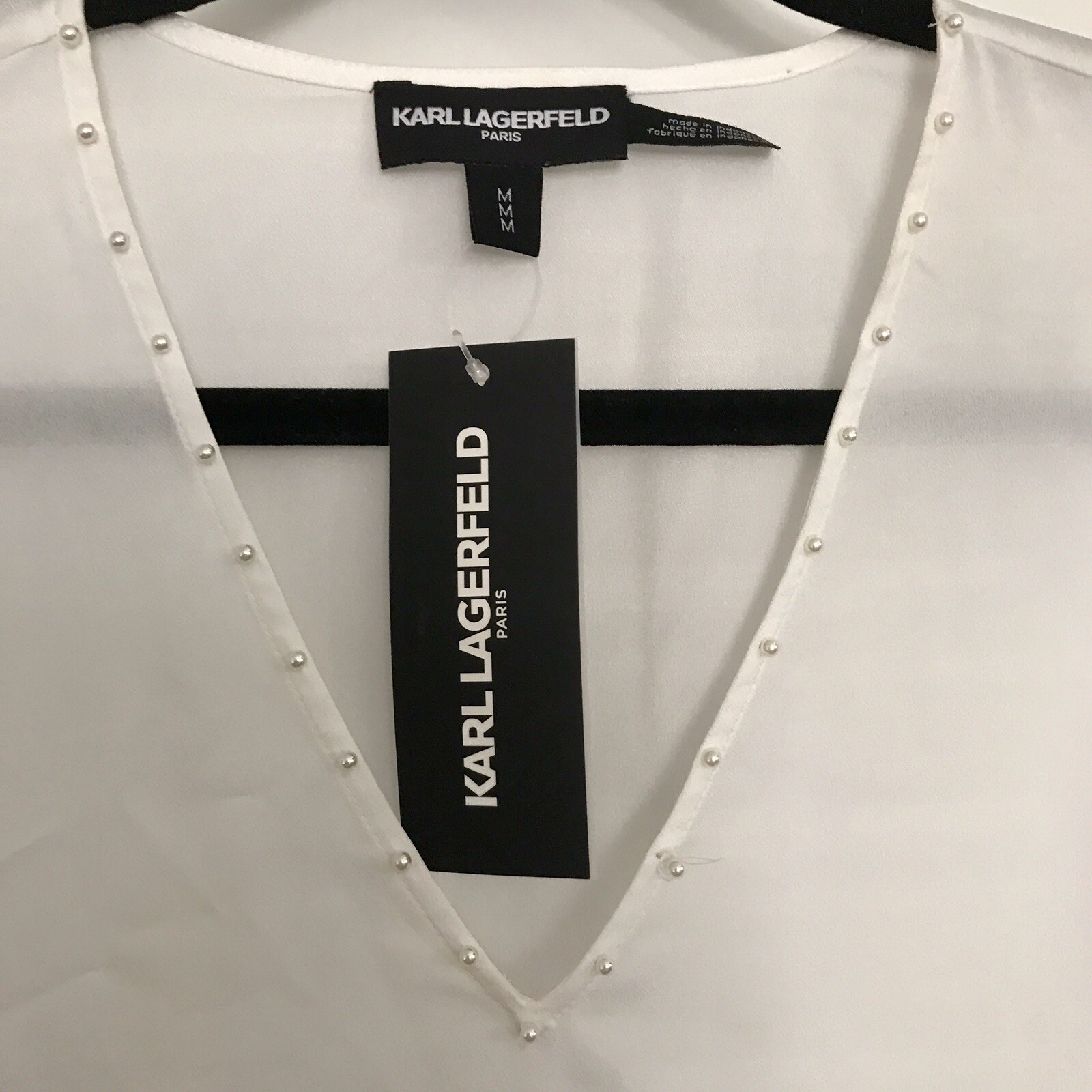 Karl Lagerfeld Women’s White Sheer Top, Pearl Accent Around Neck,Medium