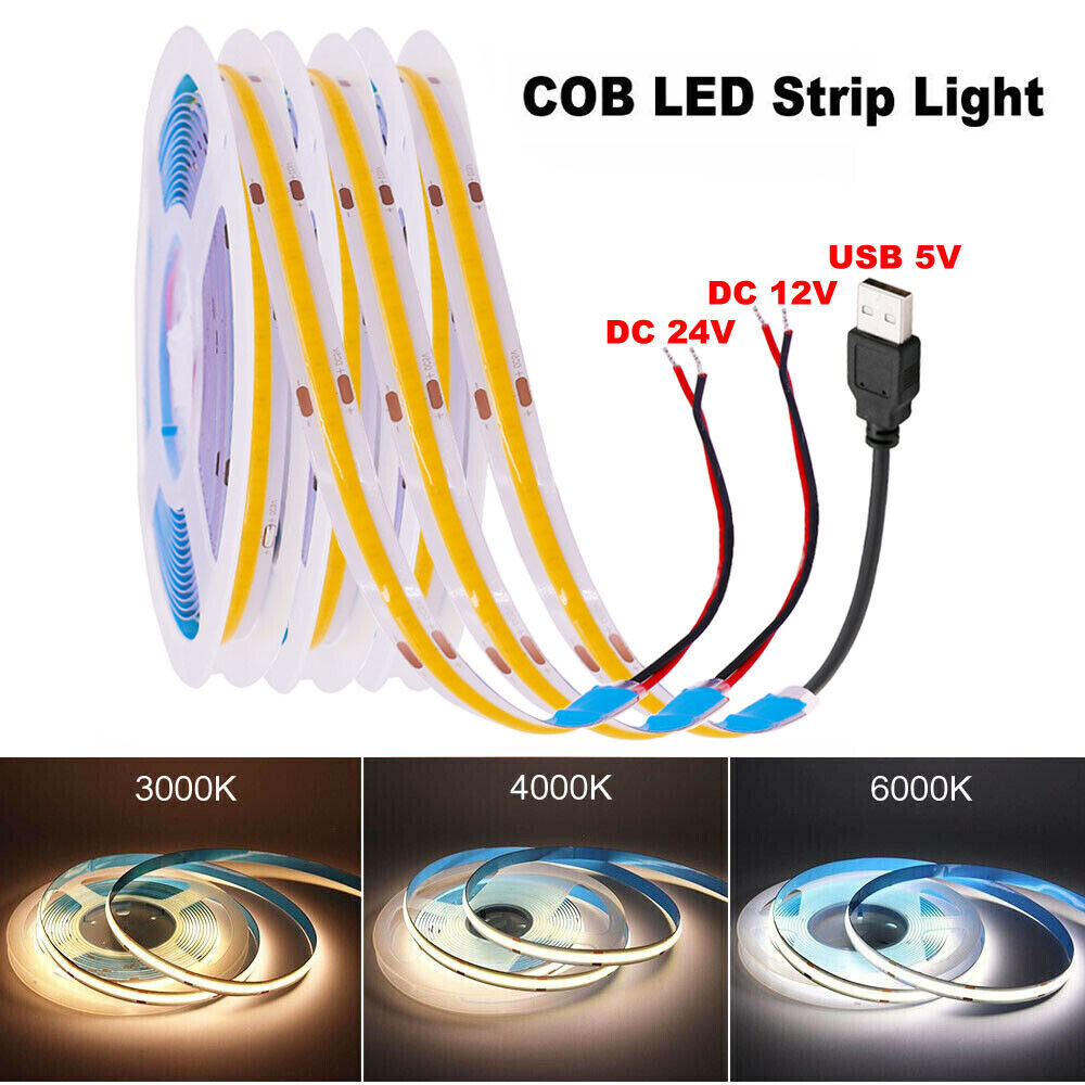 COB LED Strip Light Flexible Tape Lights Home DIY Lighting Warm White 5V  12V 24V