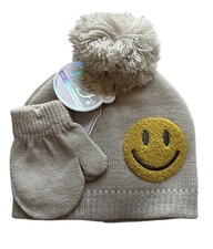 Toby Me Infant Winter Hat Glove Set Smiley Face Khaki New