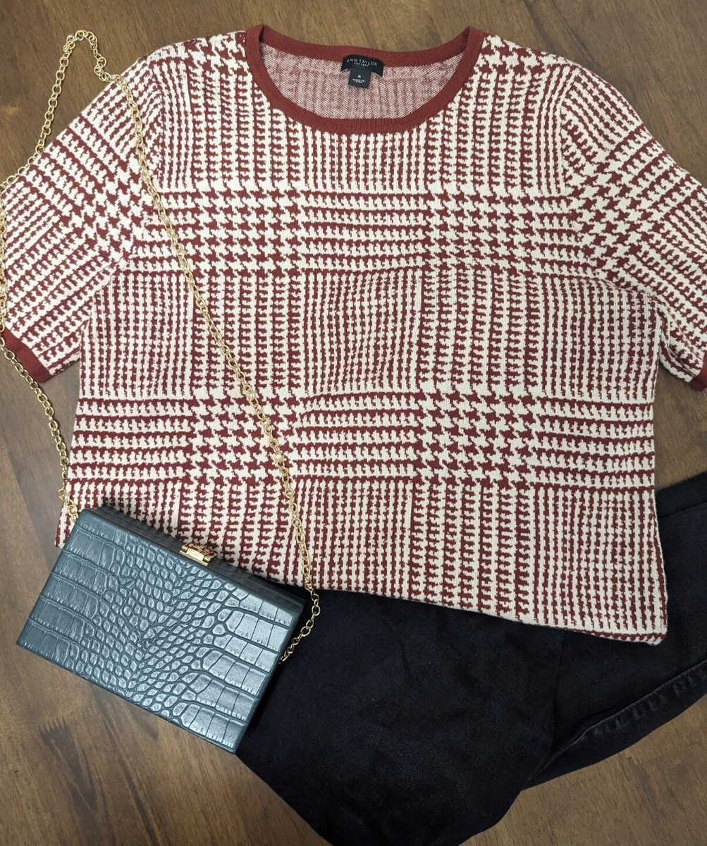 Ann Taylor Factory Red Brown White Houndstooth Short Sleeve Sweater Size M