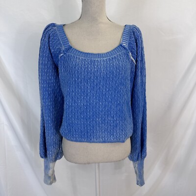 Free People Sweater Blue Crop Balloon Sleeve Olivia Square Neck Oversized Medium