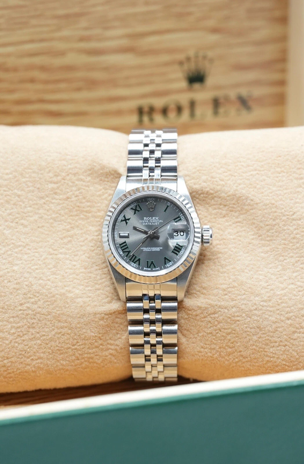 Rolex — Ladies Steel & White Gold Rolex Datejust 26 69174 Custom Wimbledon Numeral Dial