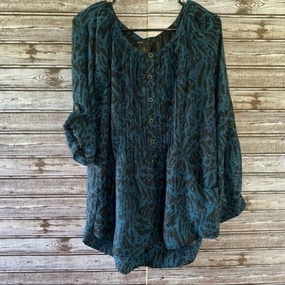 Grace Elements Women's Long-Sleeved Button-Down Blouse XL Blue Black NWT