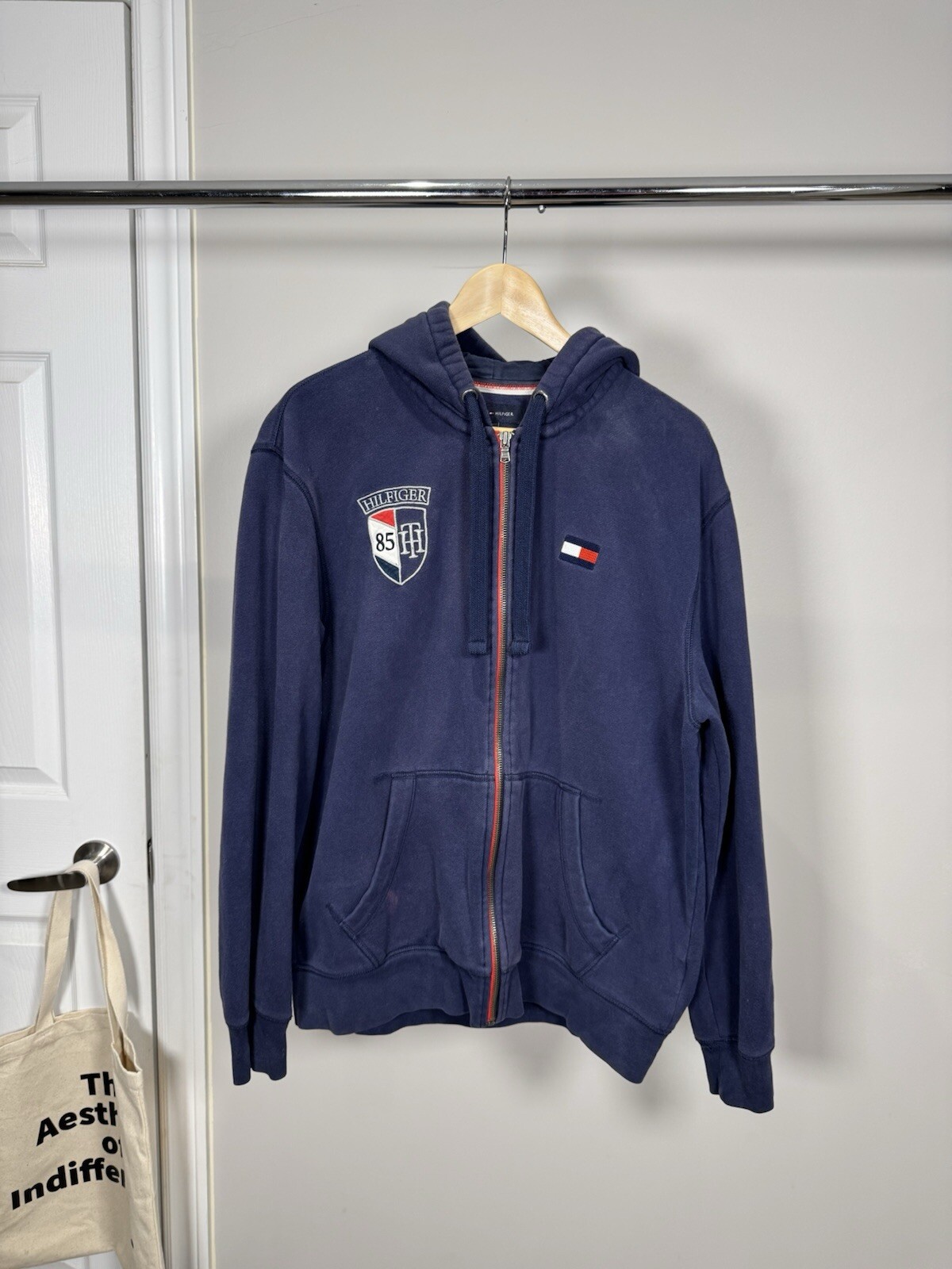 Tommy Hilfiger Navy Fleece Zip-Up Hoodie with Embroidered Crest Size L