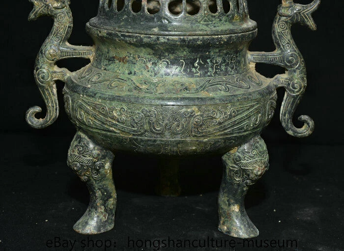 10.8" China Antiguo Bronce Vajilla Dinastía Dragón Bestia Tapas Quemador Incienso Censario Foto 4 de 4