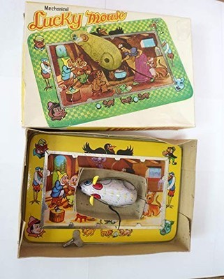 Vintage 50er Jahre mechanisches Blechspielzeug - Glücksmaus mit Schneewittchen & Zwergen - verpackt