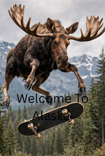 Moose Skateboarding Alaska Animals Humor Multicolor Vertical Digital Poster