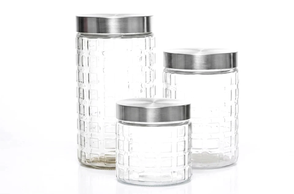 3 Piece Glass Canister Set Kitchen Storage Jars Grid Pattern Steel Lids Airtight