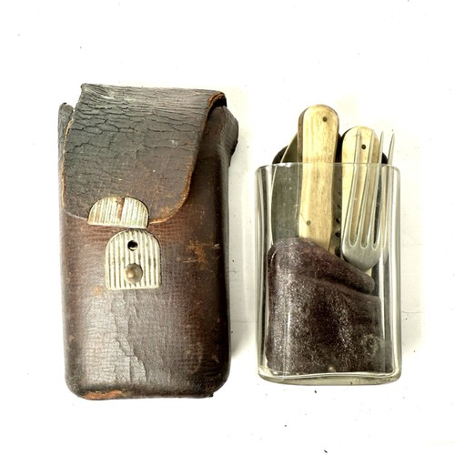 Vintage Leather GLASS & UTENCIL CAMPING TRAVEL KIT - Fork, Knife, Scouts READ