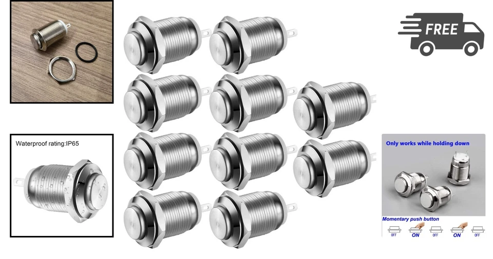 Waterproof Push Button Switch 10pcs Stainless Steel Momentary ON OFF 12mm - Image 2 of 4
