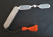Antique VICSON Lorgnette Opera Glasses Foldable Case Silver Tone Braided Silk