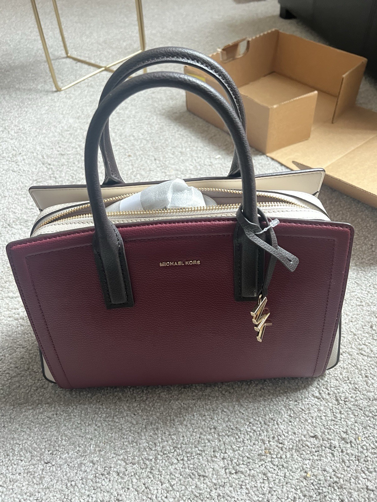 Michael Kors Laila Pebbled Leather Medium Mulberry Multicolor Sachel, NWT, Purse thumbnail 2