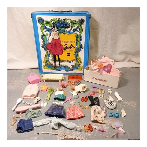 VTG 1968 World of Barbie Doll Case + Lot of 58 Clothes Shoes Table Accessories