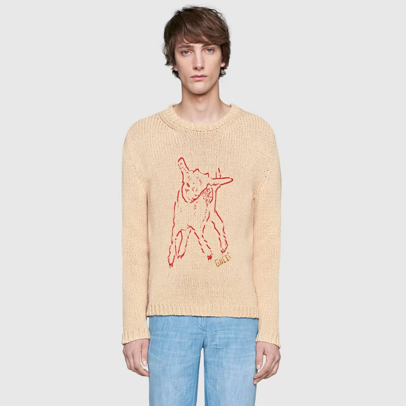 sz NEW $1800 GUCCI Men&#039;s Tan RED STICHED LAMB Knit ANIMAL MAGNETISM SWEATER | eBay