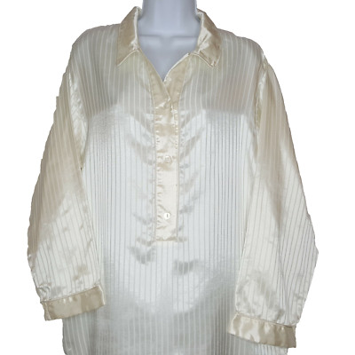 Womens Long Night Shirt Satin Stripe White Sz S Nightgown Collar La Vie en Rose