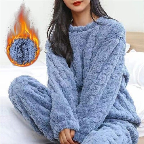 Damen Fleece Pyjama Set weich warm Rundhalsausschnitt Oberteil Hose Loungewear Nachtwäsche USA - Bild 2 von 30
