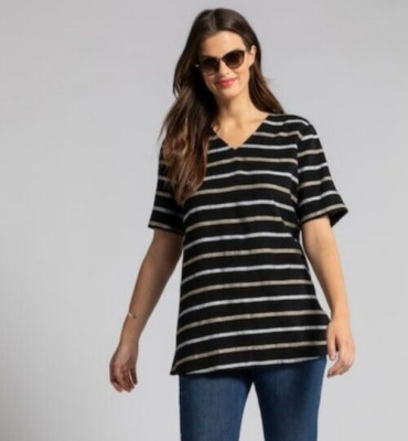 Ulla Popken Womens Tunic Top 20/22 Linen Blue Striped Short Sleeve Lagenlook