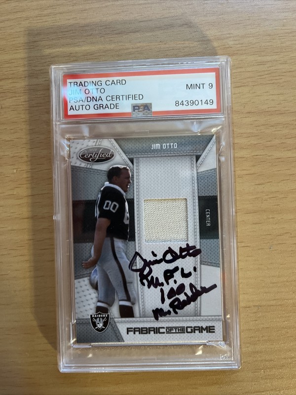 JIM OTTO SIGNED PANINI GAME WORN PATCH CARD NFL100 MRRAIDER 98/250PSA/DNA MINT 9