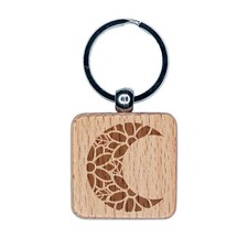 Intricate Geometric Flower Moon Engraved Wood Square Keychain Tag Charm