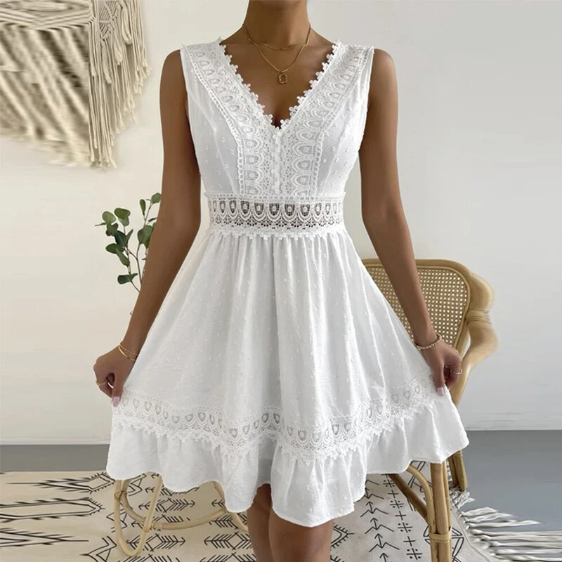 Women Boho V Neck Lace Mini Dress Ladies Casual Holiday Summer