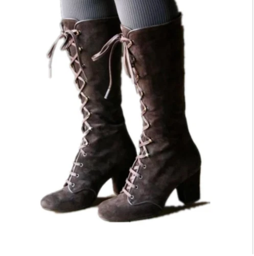 Women's Lace Up Booties Steampunk Knee High Boots Gothic Retro Block Heels Shoes - Picture 4 of 21