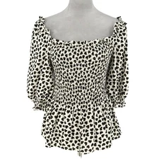 Max Studio Top Womens Medium Ivory Black Hearts Blouse Smocking Puff Sleeve New