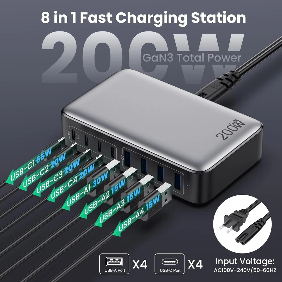 Compact 200W GaN III USB C Charger - 8 Ports for Fast Charging iPhones & Laptops - Image 4 of 4