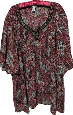 Catherines Top 4X Paisley Beaded Fairycore Whimsigoth Silky Shirt Blouse 30/32