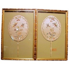 Pair Early 19th Century Chinese Embroidered Fans Handscreens With Gold Thread