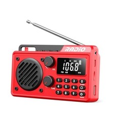 Portable Radio AM FM 1500mAh Rechargeable with Best Reception, Transistor Red