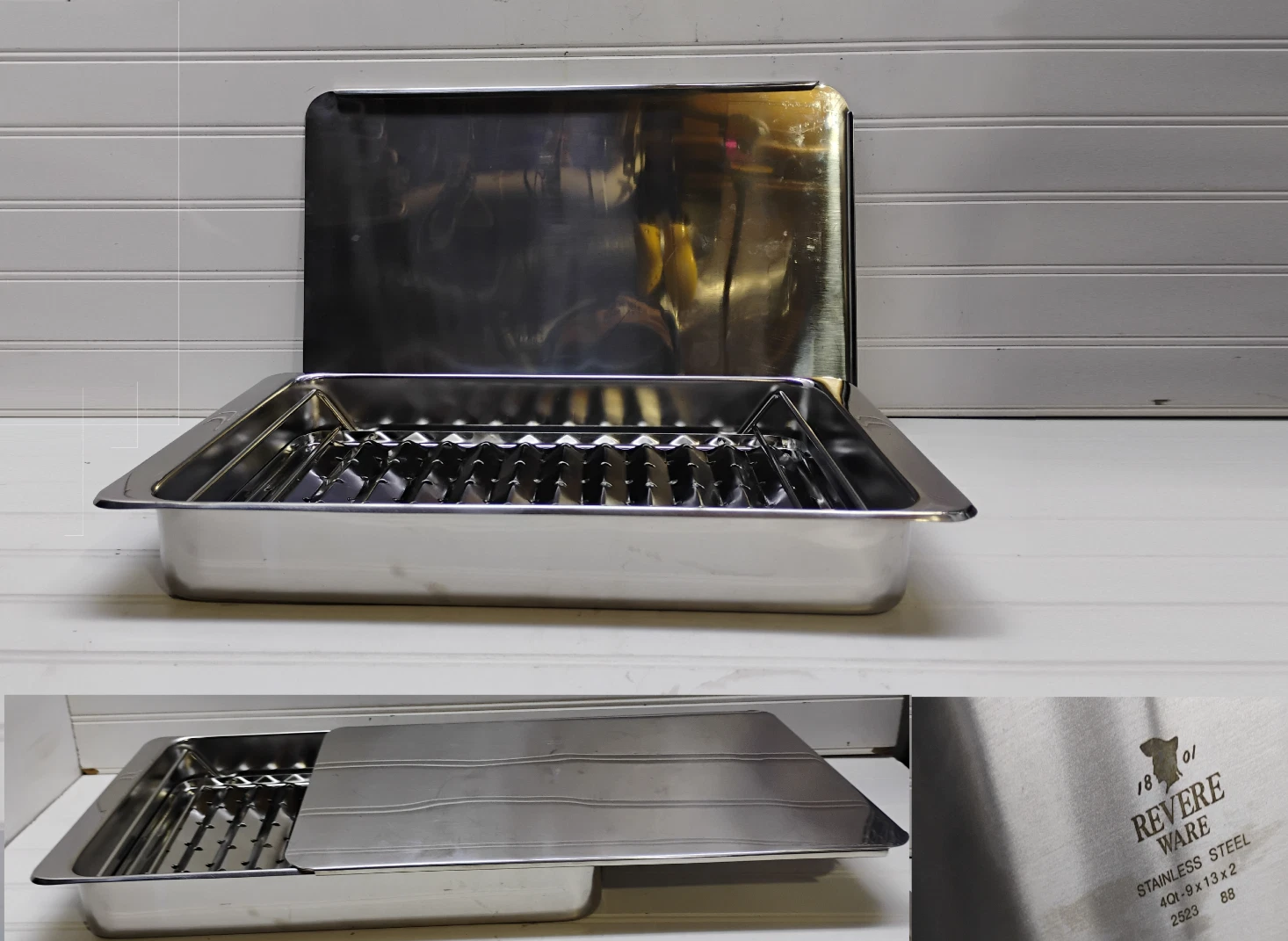 Revere Ware Stainless Baking Pan Roaster Broiler Casserole Tray Rack Lid 13x9x2