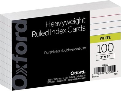 Oxford Heavyweight Ruled Index Cards, 3'' x 5'', White, 100 Per Pack 63500