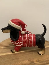 Blue Sky Christmas Sweater Wiener Dachshund Dog Ceramic Figurine Santa Hat **