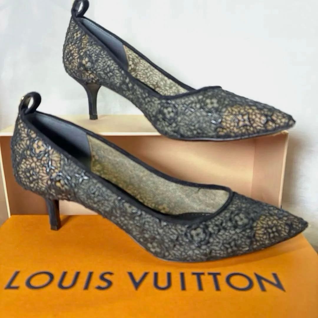 LOUIS VUITTON Pumps Heel Lace Black EU37.5/US7.5 120390c