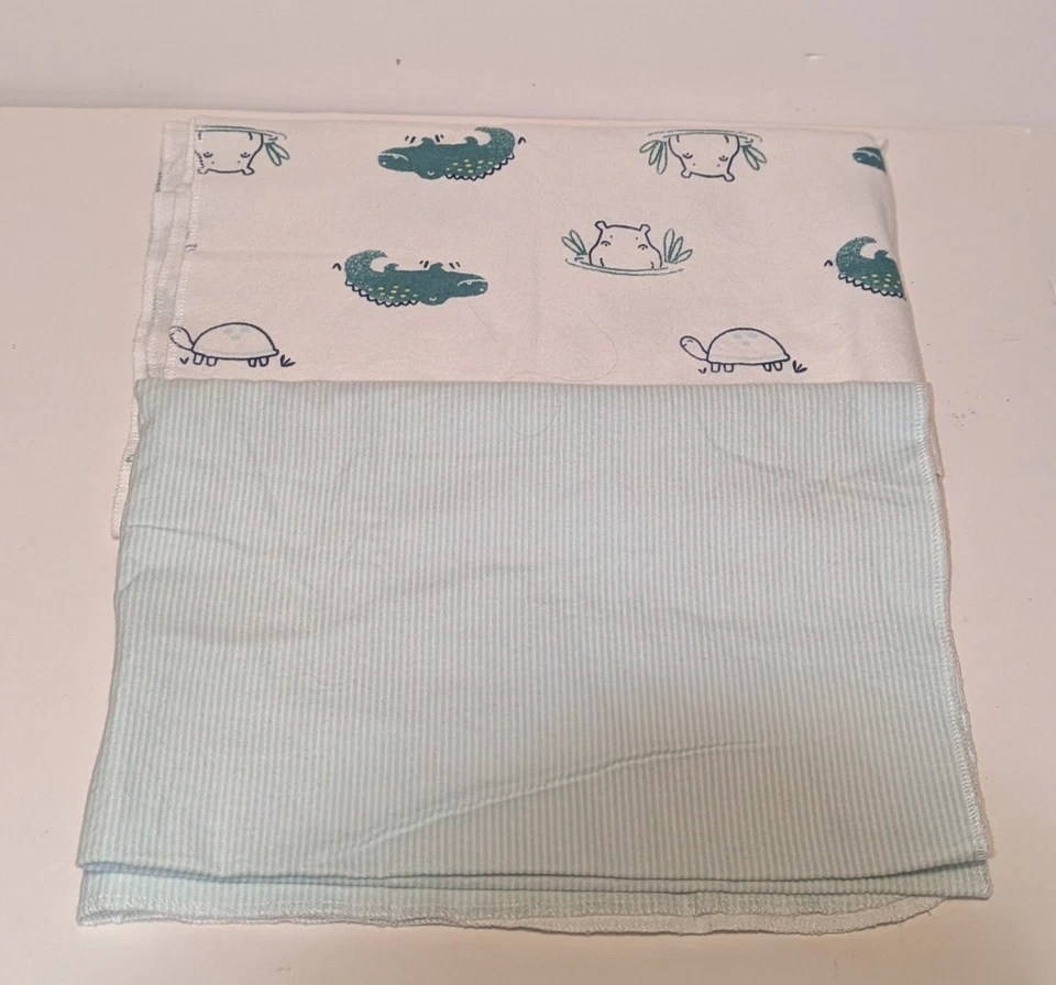 Carter's Lot Of 2 Cotton Flannel Receiving Baby Blankets Alligator Turtle Hippo - Image 2 of 4