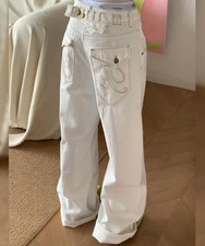 Women's White Cotton Straight Leg Casual Pants Loose Fit Punk Hippie Trousers