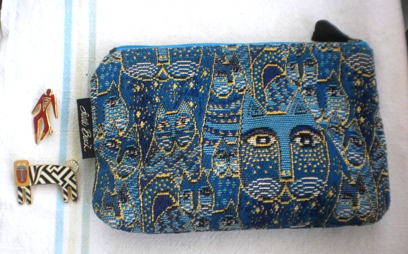 Laurel Burch Cosmetic Bag Travel Pouch and  2 Pins lot Cat Toiletry Bag