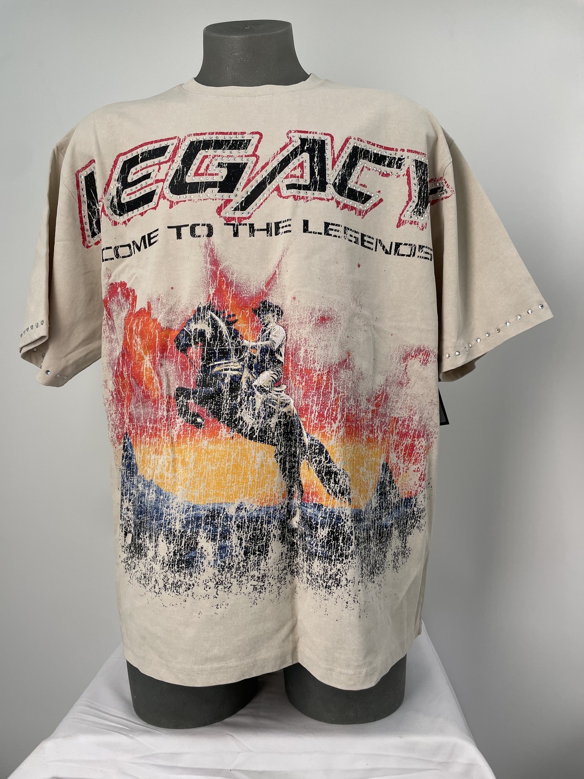 Elite Mens T-Shirt Beige/Multi Size S Legends Embellished Graphic Print Cotton