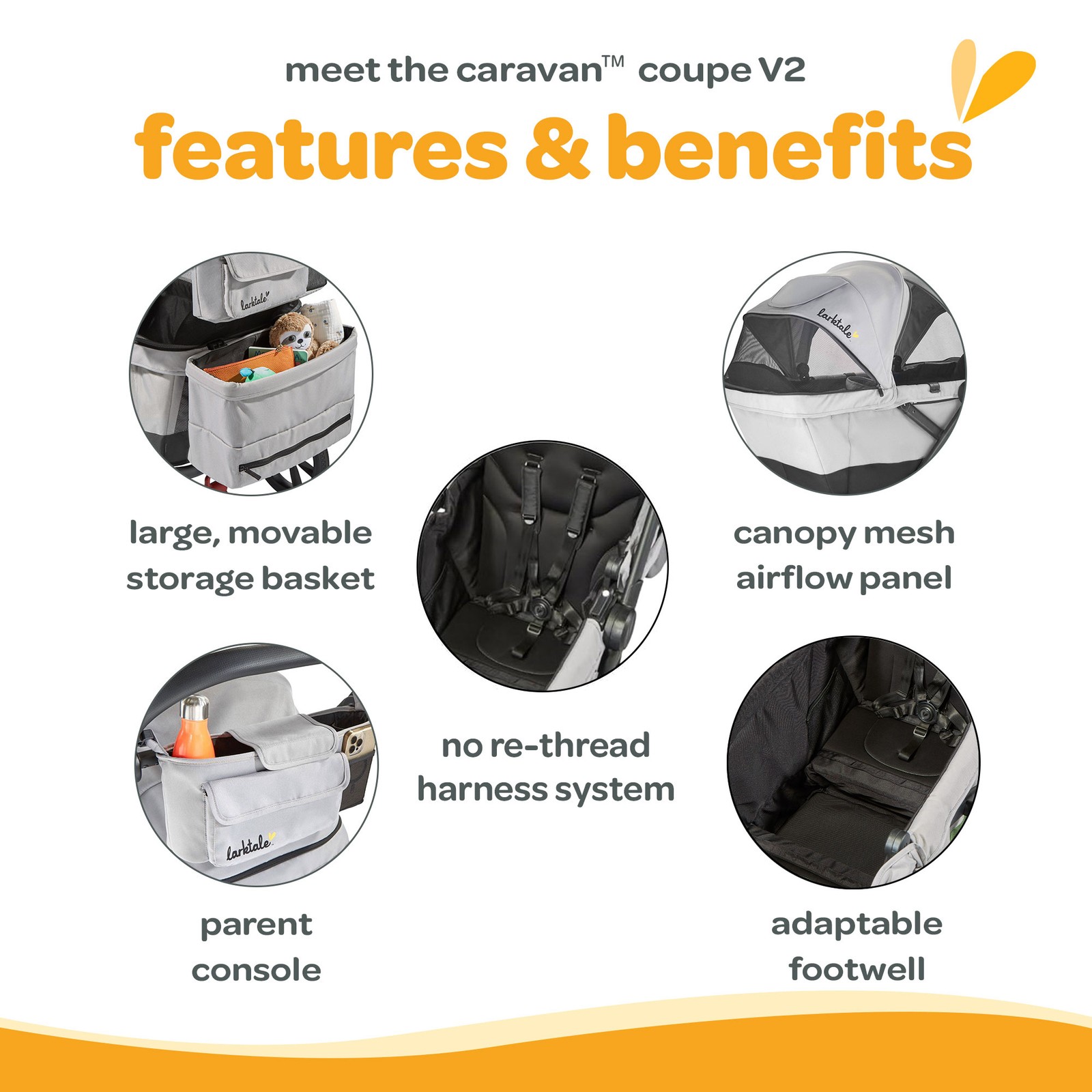 Larktale Caravan Coupe V2 Compact Stroller, Reclining 2-Seat Wagon, Gray/Bue