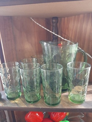 Vintage Hazel Avocado Green Pitcher and 6 Glasses
